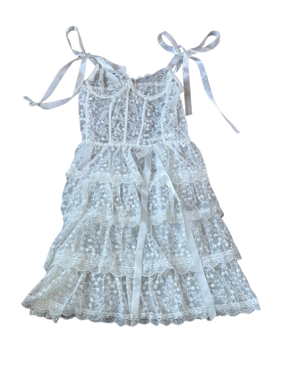 White Floral Lace Corset Mini Dress Sheer Ruffle Tie Strap SIZE L